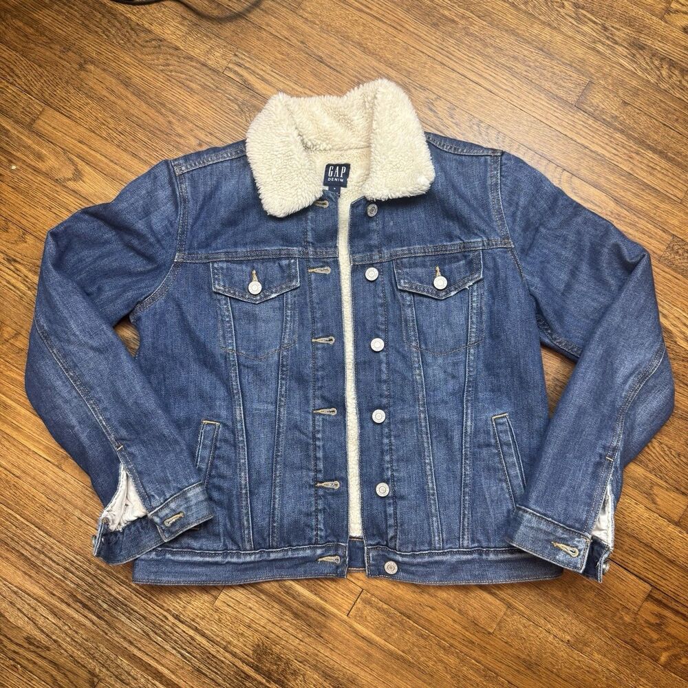 GAP Women’s Blue Denim Jacket Sherpa Lined Button Front Size M